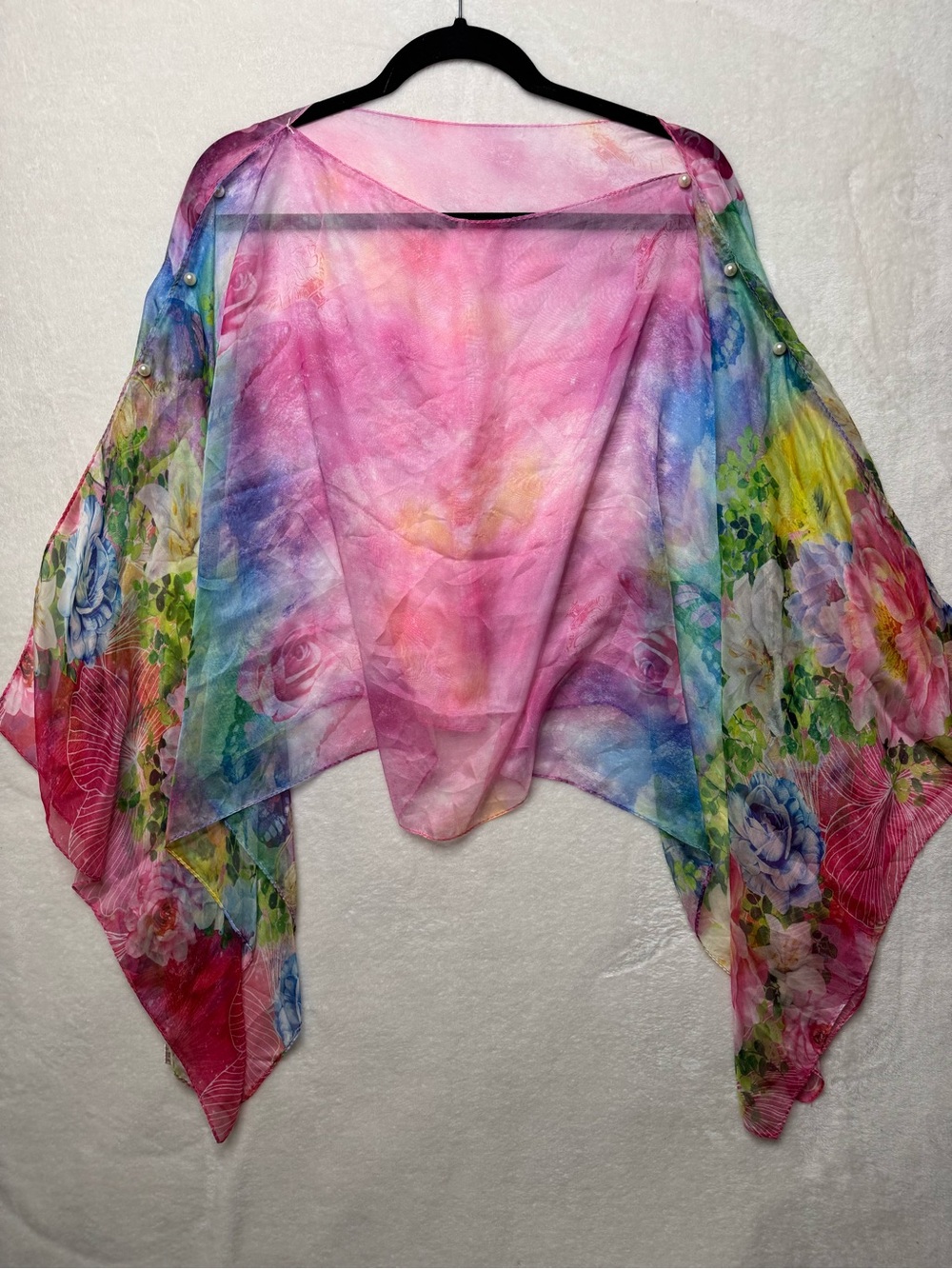 100% Silk Chiffon Sheer Floral Poncho Wrap Top Shawl Pearls Boho Resortwear